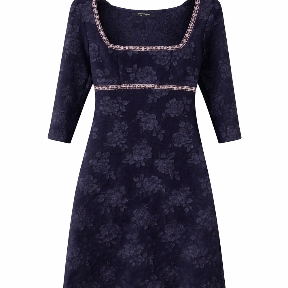 Vintage Navy Floral Dress with Pink Trim